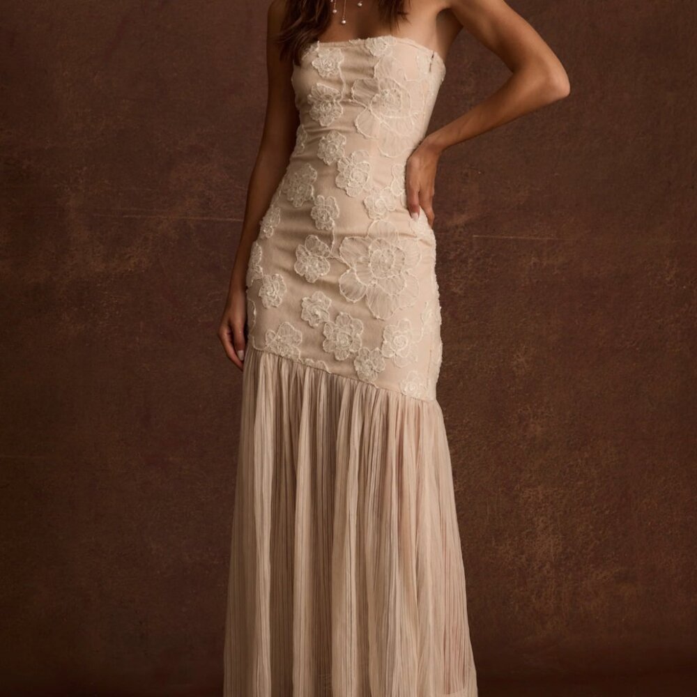 12th Tribe Strapless Lace Appliqué Gown in Blush